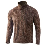 NOMAD Pursuit Longneck Hoodie MO Bottomland brown camouflage top, front view with high collar