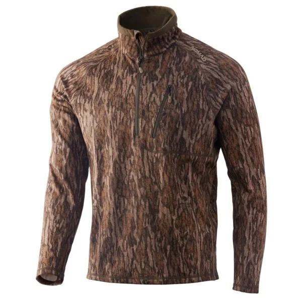 NOMAD Pursuit Longneck Hoodie MO Bottomland brown camouflage top, front view with high collar