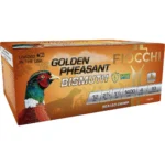 Fiocchi Golden Pheasant Bismuth orange ammunition box, angled front view with pheasant graphic