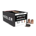 Nosler Sporting Handgun Pistol Bullets black product box with three copper-colored bullets