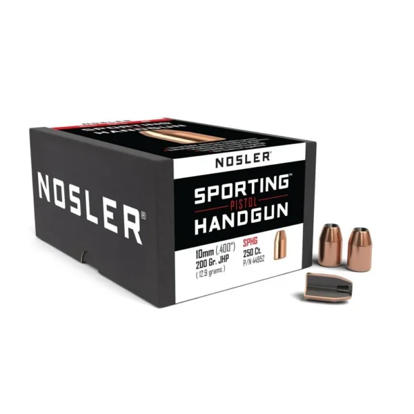 Nosler Sporting Handgun Pistol Bullets, black box with loose copper-coloured bullets