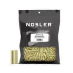 Nosler Unprimed Brass, front view of black 350 Legend bag with loose brass cases