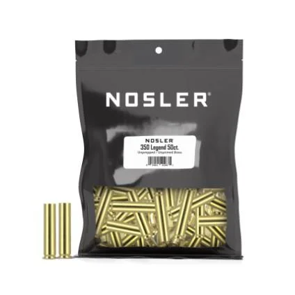 Nosler Unprimed Brass, front view of black 350 Legend bag with loose brass cases