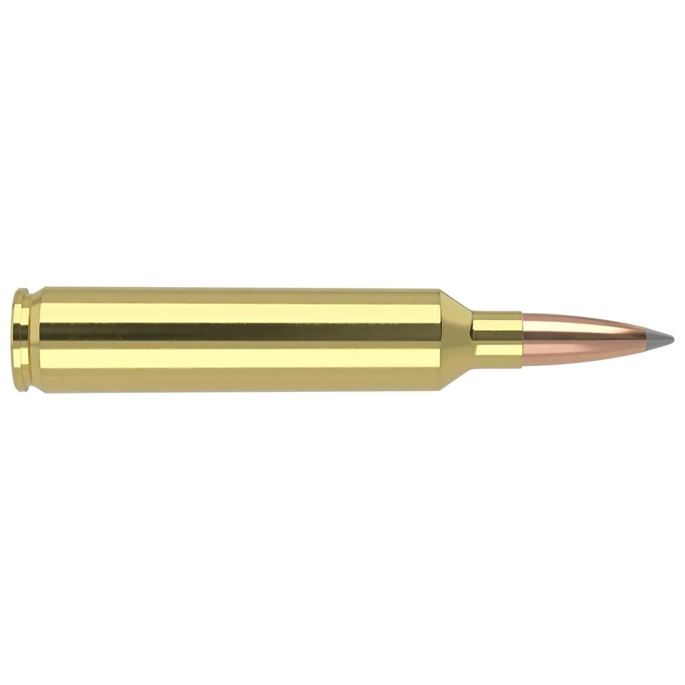 nosler-accubond-lr-26-nosler-ammo-primary Nosler Accubond Long Range Trophy Grade Rifle Ammunition, brass cartridge with copper bullet, side view