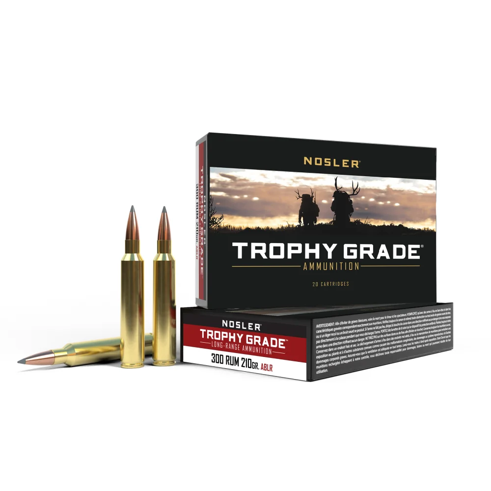 nosler-acubond-long-range-trophy-grade-rifle-ammo-primary Nosler AccuBond Long Range Trophy Grade Rifle Ammunition box with four brass cartridges