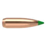 Nosler 30 Cal, single copper-coloured pointed bullet with green tip in side view