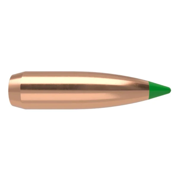 NOSLER 30 CAL 165GR 50CT, side view of copper-colored pointed bullet with green tip