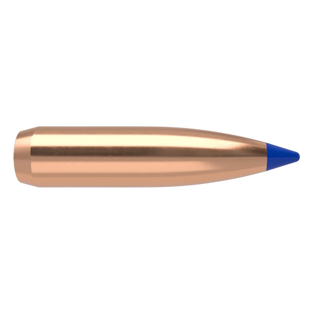 nosler-ballistic-tip-hunting-rifle-bullets-25-cal-115-gr-primary Nosler Ballistic Tip Hunting Rifle Bullets, copper side view with pointed blue tip