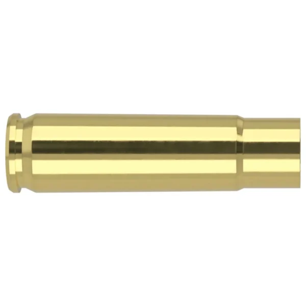 Nosler 6.5mm Grendel unprimed brass, side view of a single polished brass case