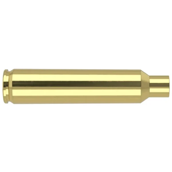 Nosler Unprimed Brass Rifle Cartridge Cases, single gold-tone case in side view