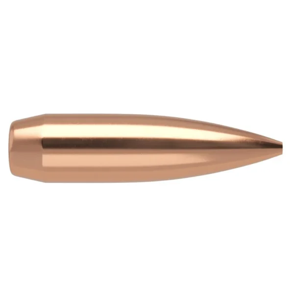 Nosler Custom Competition Rifle Bullets, side close-up of a copper-colored pointed bullet