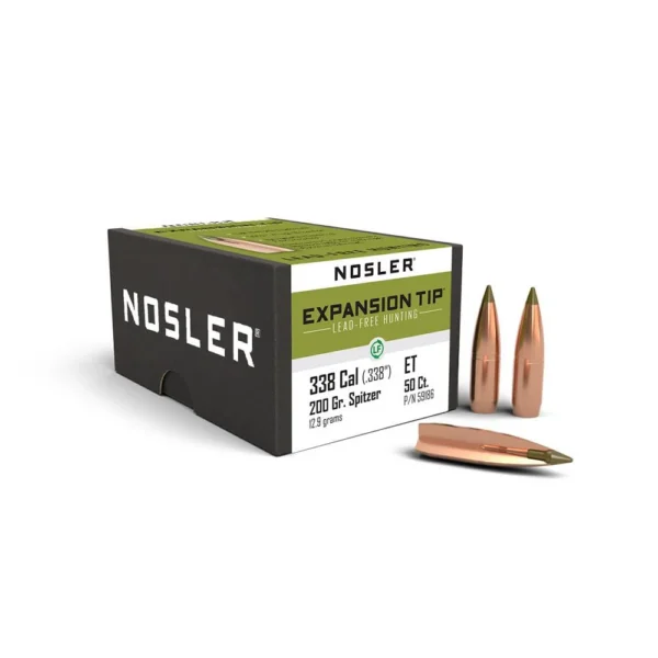 Nosler E-Tip bullets beside black and green retail box, with one bullet lying on its side