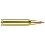 Nosler RDF Match Grade rifle ammunition, side view of one brass cartridge with copper bullet