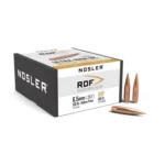 Nosler RDF rifle bullets, box with four copper-coloured pointed bullets beside it
