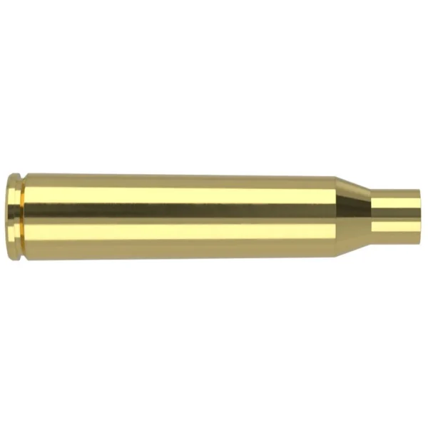 Nosler Unprimed Brass Rifle Cartridge Cases, side view of a single polished brass case