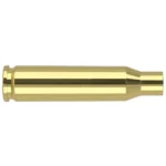 Nosler Unprimed Brass Rifle Cartridge Cases, side view of a single polished brass case