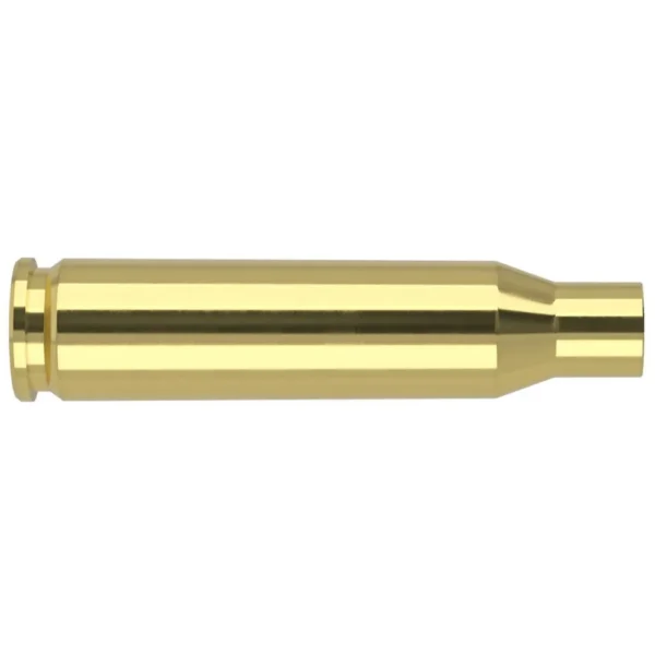 Nosler Unprimed Brass Rifle Cartridge Cases, side view of a single polished brass case