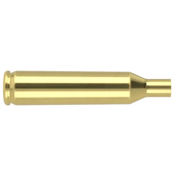 Nosler Unprimed Brass Rifle Cartridge Cases, side view of a single empty brass case