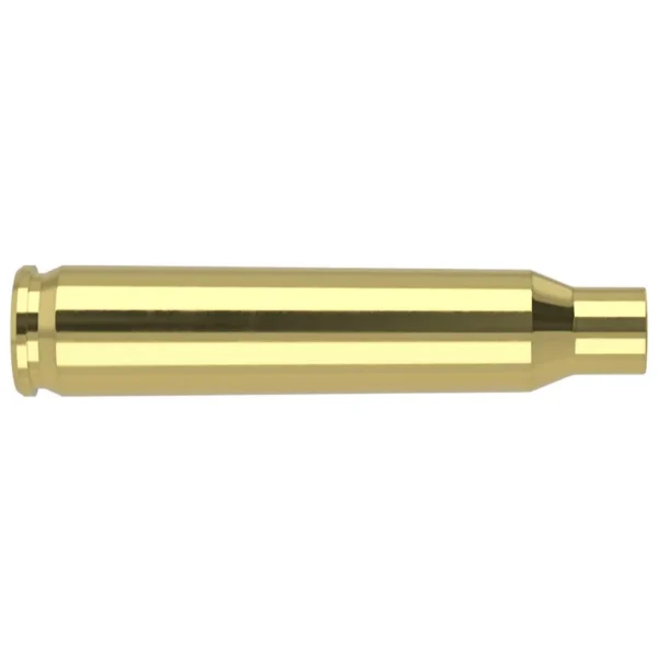 Nosler Unprimed Brass Rifle Cartridge Cases, single gold-coloured case shown from the side