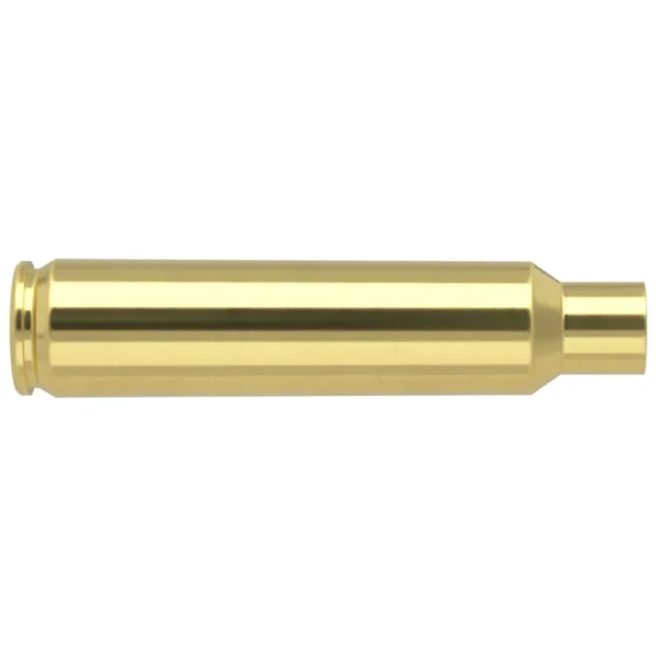 Nosler .33 Nosler unprimed brass cartridge case, polished brass side view