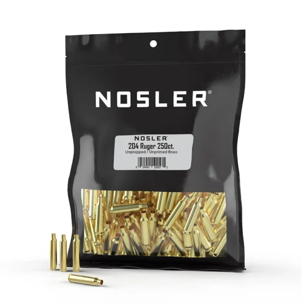 Nosler Unprimed Unprepped Brass Rifle Cartridge Cases, black bag with visible brass cases