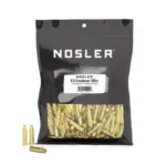 Nosler Unprimed Unprepped Brass cartridge cases in a black bulk bag with loose cases