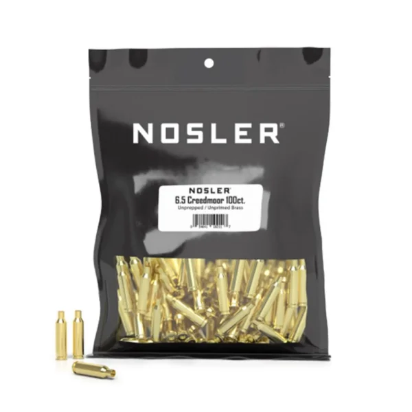 Nosler Unprimed Unprepped Brass cartridge cases in a black bulk bag with loose cases