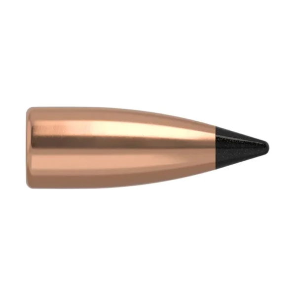 Nosler VarMageddon Rifle Bullets, copper-colored bullet with black pointed tip, side view