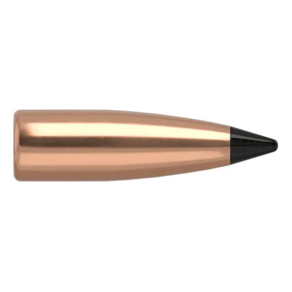 Nosler Varmageddon Rifle Bullets, copper bullet in side view with black pointed tip
