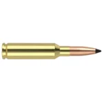 Nosler Varmageddon Rifle Ammunition, brass cartridge side view with copper-colored tipped bullet