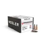 Nosler VarMageddon rifle bullets box with three copper-colored pointed bullets displayed beside it