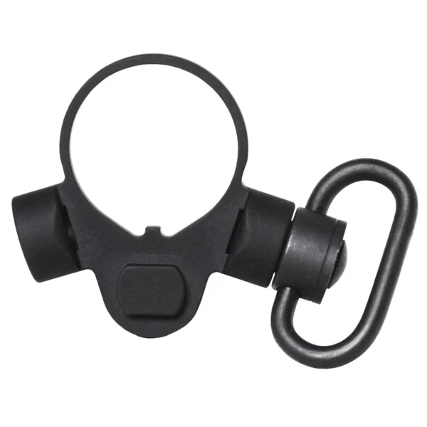 TROY Sling Mount, black front view with circular clamp, push button and swivel loop
