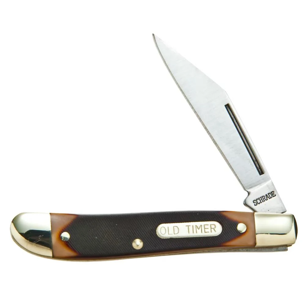 old-timer-folding-knife-2-3-quarter-pal-single-bla-primary Battenfeld Knives Old Timer Folding Knife, side view with brown handle and blade open