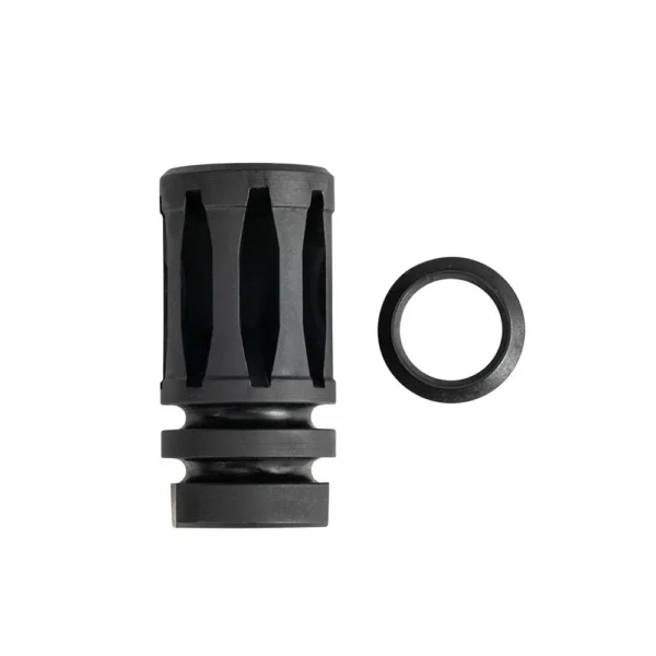 One Horse A2 Bird Cage Flash Hider black side view with vent slots and separate washer