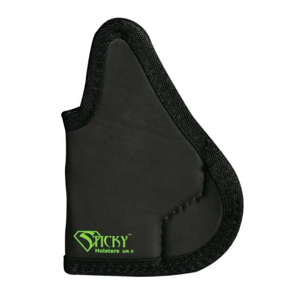 Sticky Holster Optics Ready 5 black holster, front view with textured edging and green logo