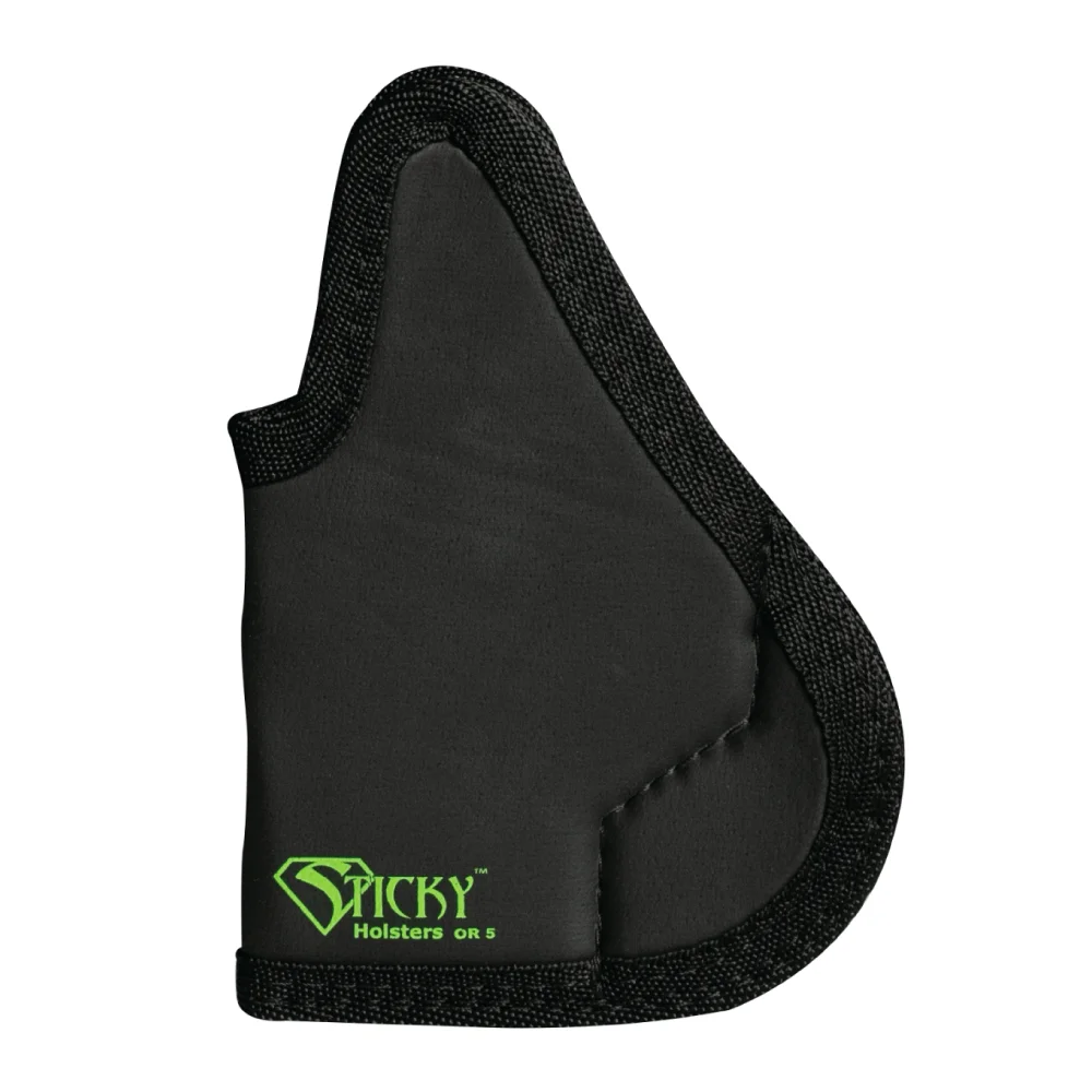 optics-ready-gun-holster-primary Sticky Holster Optics Ready 5 black holster, front view with textured edging and green logo