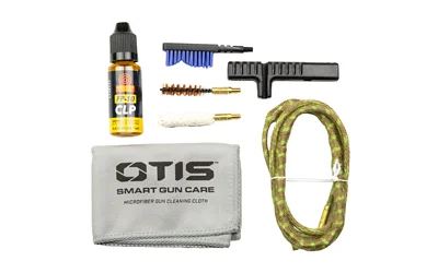 OTIS .308CAL RIPCORD DELUXE KIT laid out with green cord, brushes, tools, bottle and gray pouch