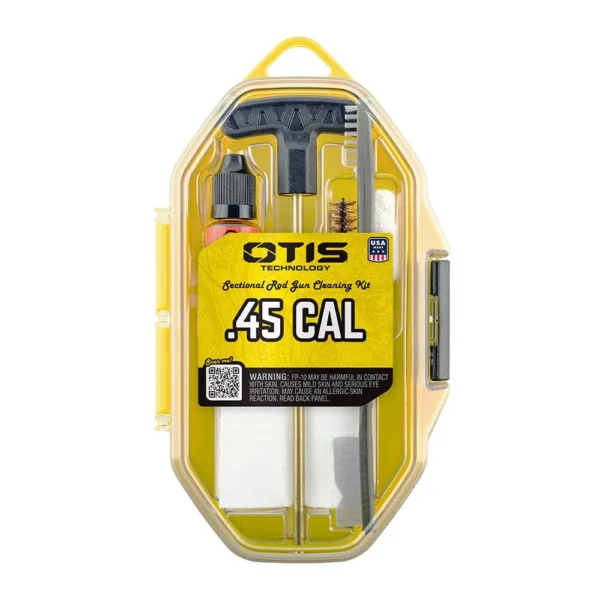 Otis Handgun Cleaning Kit with Brass Rod, front view in a clear yellow plastic case