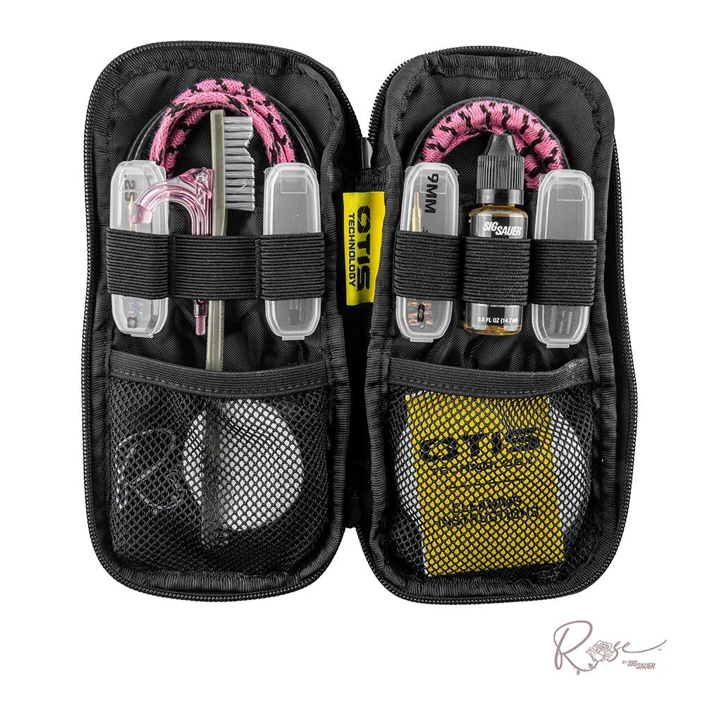 otis-rose-cleaning-kit-primary OTIS ROSE BY SIG 5.56 & 9MM CLN KIT, open black zip case with pink cables, brushes and tools