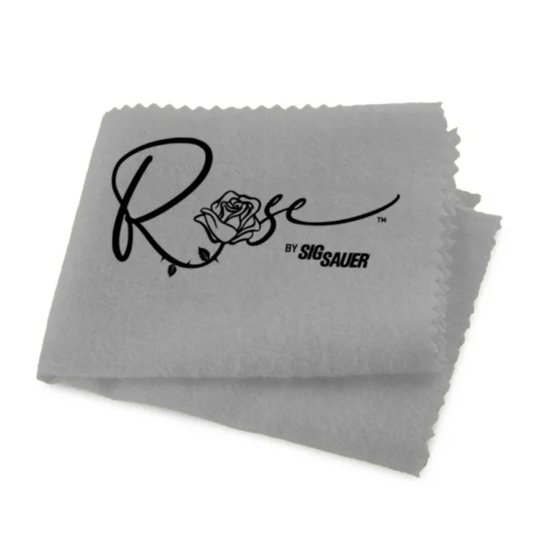 OTIS ROSE BY SIG SILICONE GUN CLOTH, gray folded cloth with black Rose logo and scalloped edges