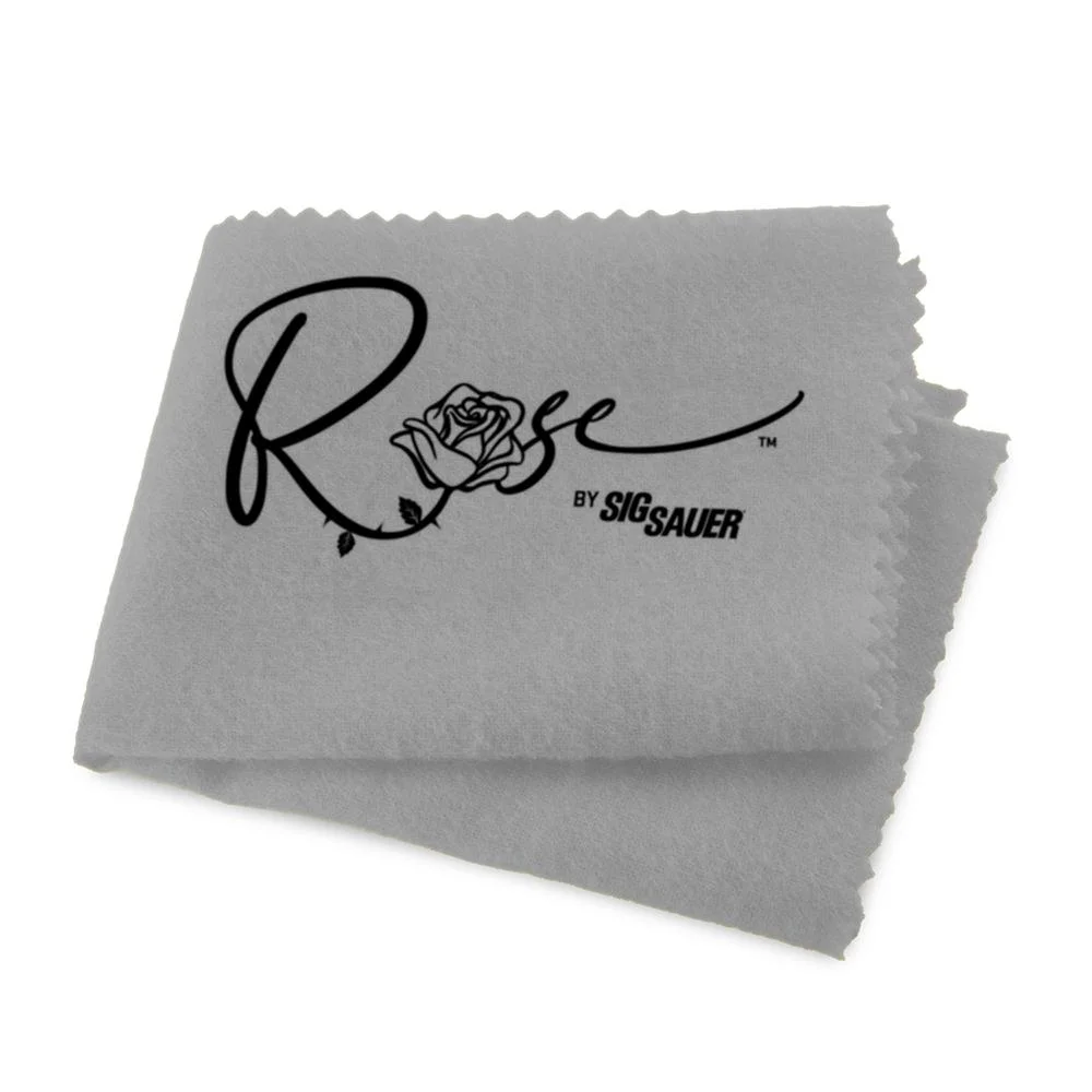 otis-rose-sig-silicone-gun-cloth-primary OTIS ROSE BY SIG SILICONE GUN CLOTH, gray folded cloth with black Rose logo and scalloped edges