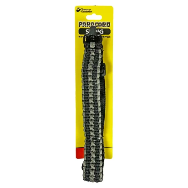 Outdoor Connection Paracord Sling black and gray woven sling in yellow packaging