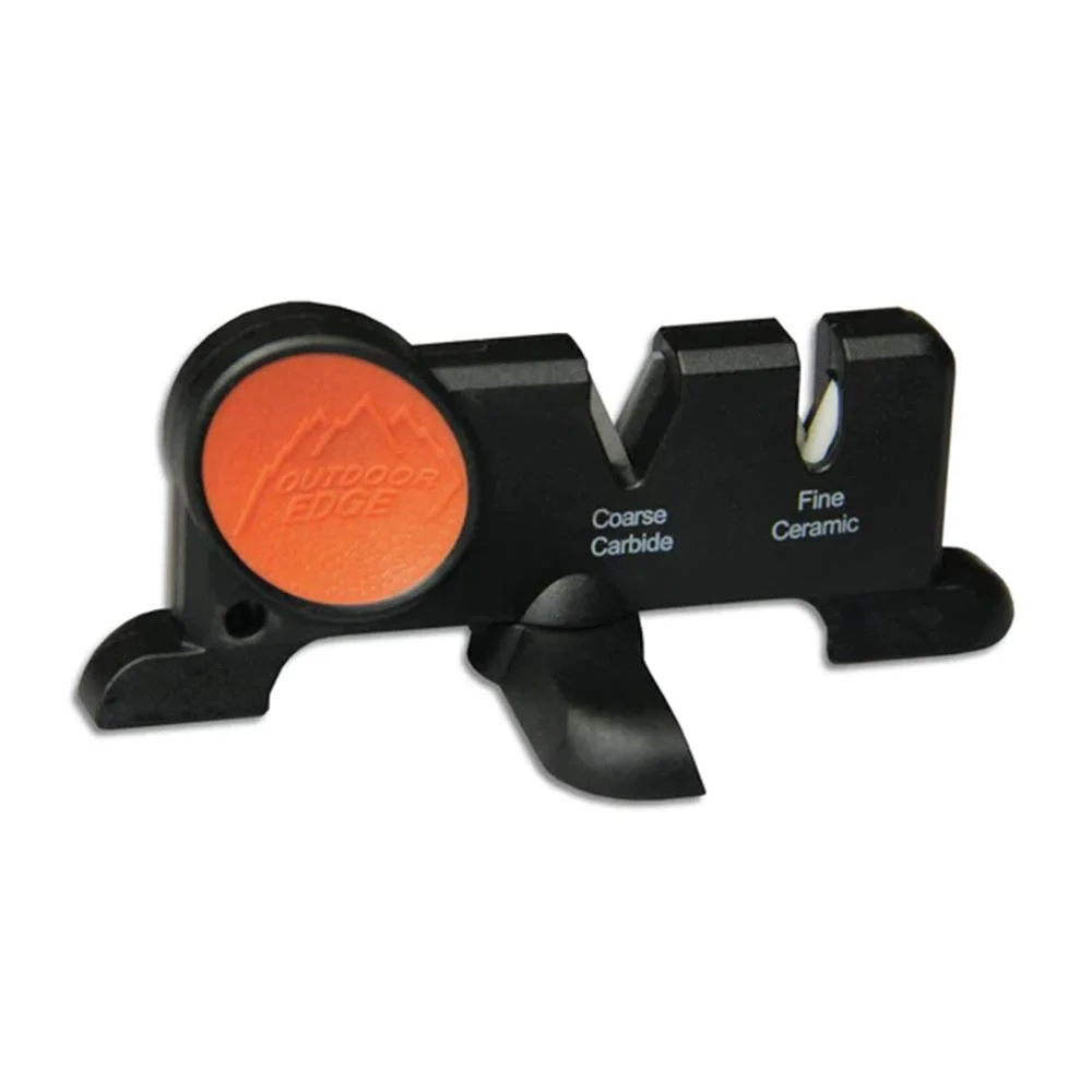 outdoor-edge-edge-x-sharpener-primary-1 Outdoor Edge Edge-X 2-Stage Sharpener, black body with orange grip and two sharpening slots
