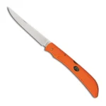 Outdoor Edge FieldBone Folding Knife, side view with extended silver boning blade and orange handle