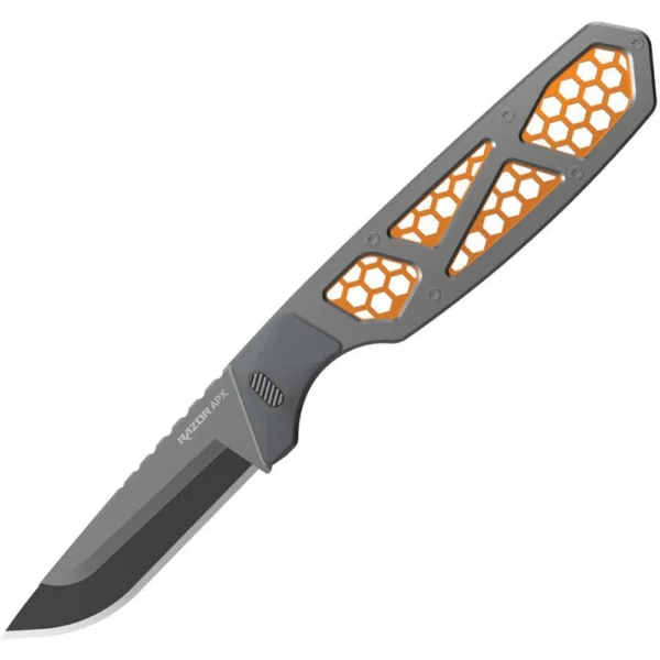 Outdoor Edge Razor Apx Knife, open black knife with orange-accented skeleton handle, angled view