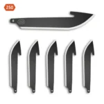 OD Edge Drop-Point Blade 6-Pack, black replacement blades arranged below one side-profile blade