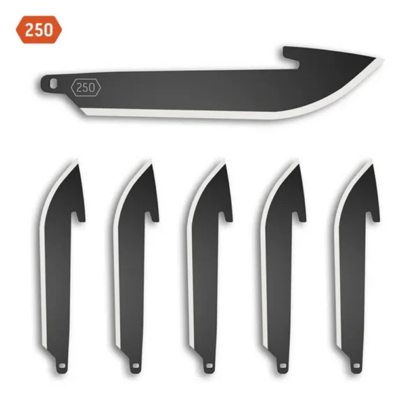 OD Edge Drop-Point Blade 6-Pack, black replacement blades arranged below one side-profile blade