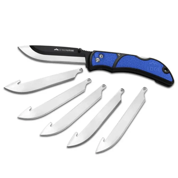 Outdoor Edge RazorEDC Lite blue folding knife, side view with open blade and replacement blades