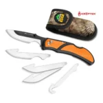 OD EDGE RAZOR-CAPE orange folding knife open with sheath and five replacement blades