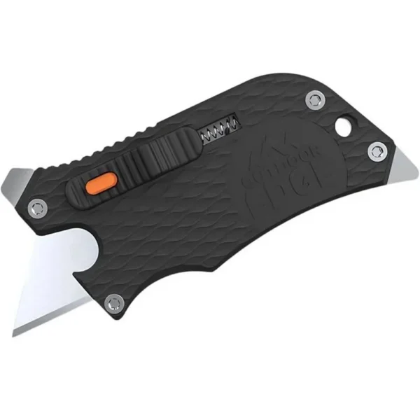 Outdoor Edge Slidewinder Utility Knife Black, side view with exposed blades and orange slider